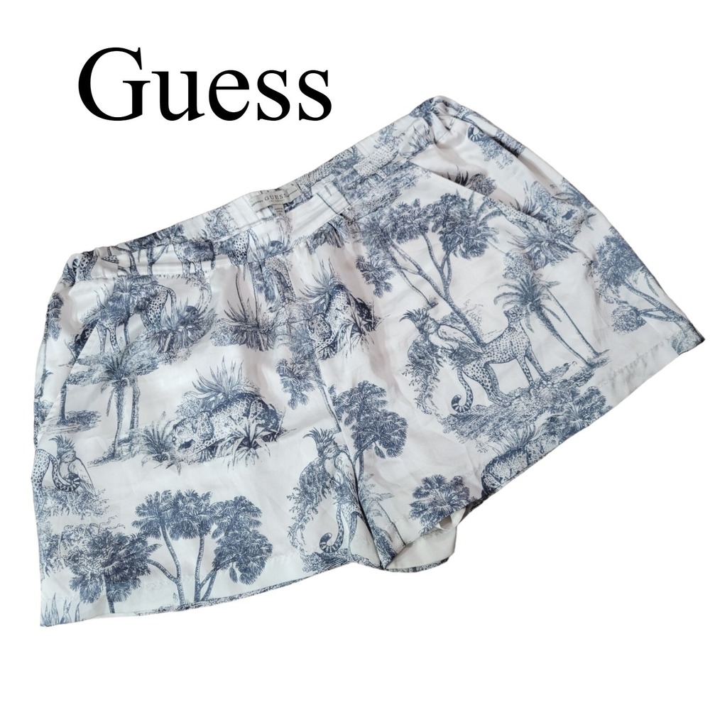 Guess Shorts Women XL White Navy Toile Leopard Tropical Elastic Waist Lined Chic